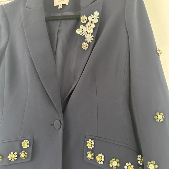 Cinq à Sept Cheyenne Blazer Jacket Rhinestone Flower Embellishments in Navy Sz 4 - Picture 6 of 11